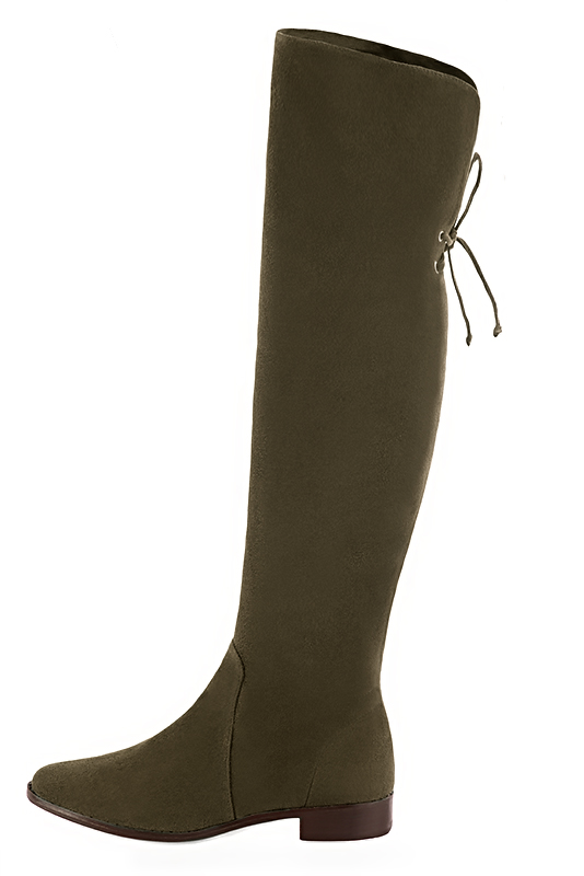 Khaki green women's leather thigh-high boots. Round toe. Flat leather soles. Made to measure. Profile view - Florence KOOIJMAN